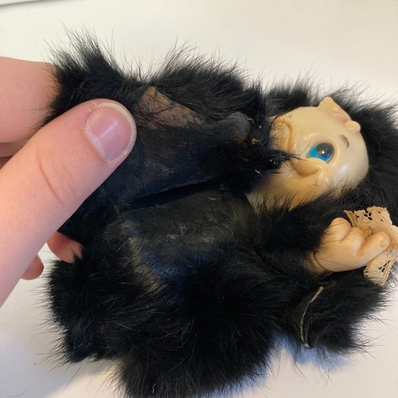 Vintage 6" Furry Baby Duck Doll Figure Black Fuzzy Bundle Plastic Head - Picture 3 of 9